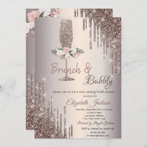  Drips Brunch  Bubbly Rose Gold Bridal Shower   Invitation