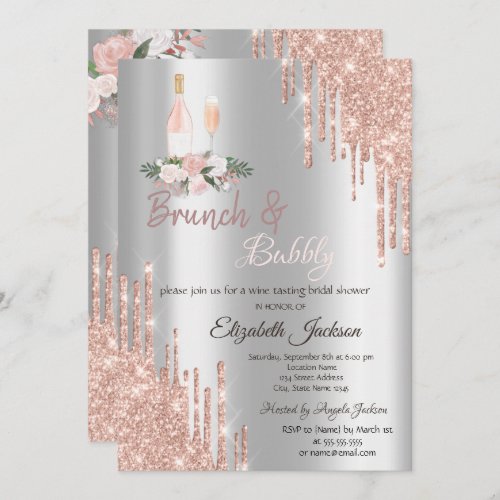  Drips Brunch  Bubbly Silver Bridal Shower  Invitation