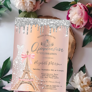 Drips Diamond Dress Eiffel Tower Bow Quinceañera Invitation