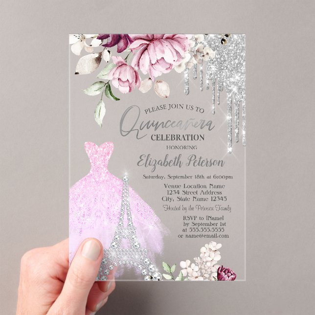 Drips,Dress,Eiffel Tower Lilac Roses Quinceañera Acrylic Invitations (Insitu (Handheld))