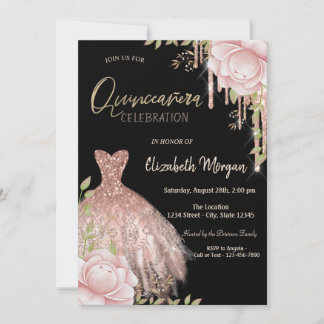 Drips Dress Pink Flowers Black Quinceañera  Invitation