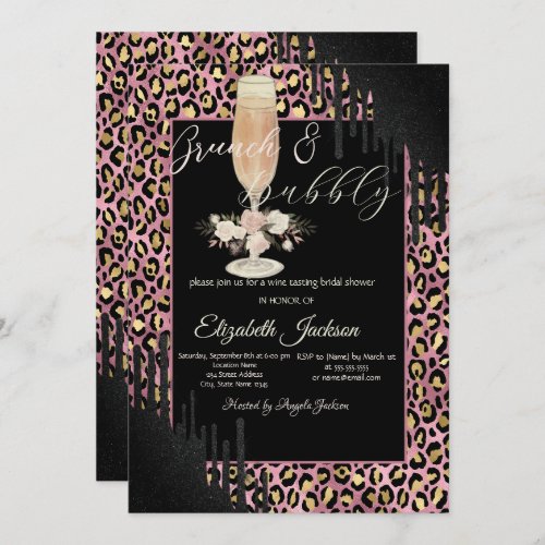  DripsGlassFlower Leopard Print Brunch  Bubbly  Invitation