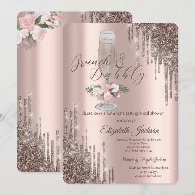  Drips,Glass,Roses Brunch & Bubbly Bridal Shower Invitation (Front/Back)