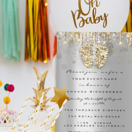 Drips Glitter Baby Shower Feet Gold Gray Girl Boy Invitation