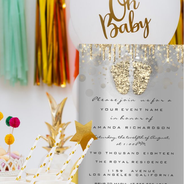 Drips Glitter Baby Shower Feet Gold Gray Girl Boy Invitation (Drips Glitter Baby Shower Feet Gold Gray Girl Boy Invitation)