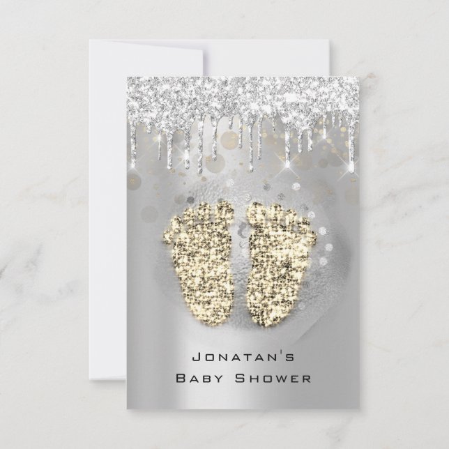 Drips Glitter Baby Shower Feet Gold Gray Girl Boy Invitation (Back)
