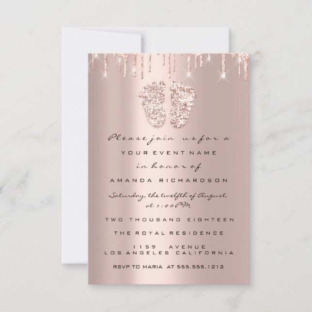 Drips Glitter Baby Shower Feet Rose Blush Girl Boy Invitation (Front)