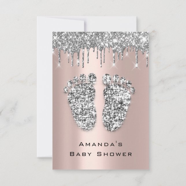 Drips Glitter Baby Shower Feet Rose Gray Girl Boy Invitation (Back)