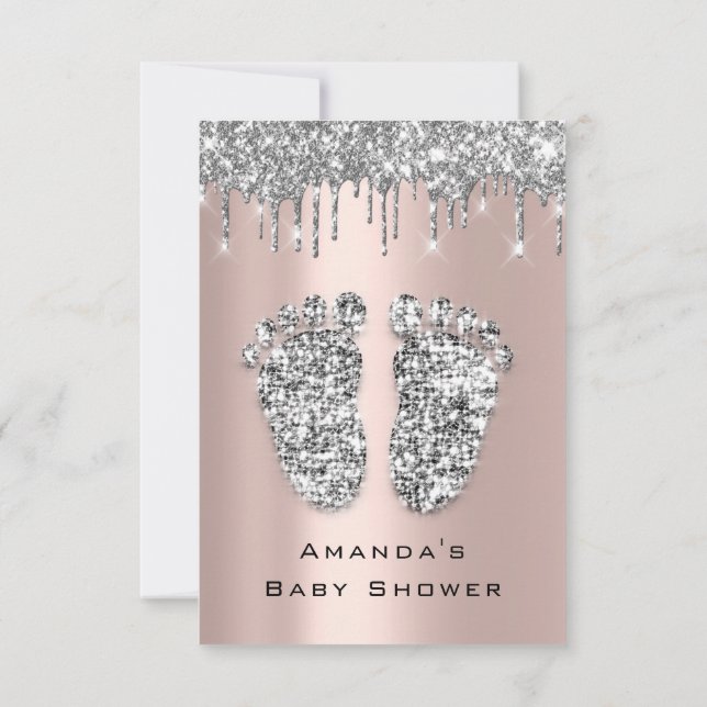Drips Glitter Baby Shower Feet Rose Gray Girl Boy Invitation (Back)