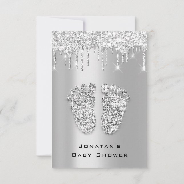 Drips Glitter Baby Shower Feet SilverGray Girl Boy Invitation (Back)