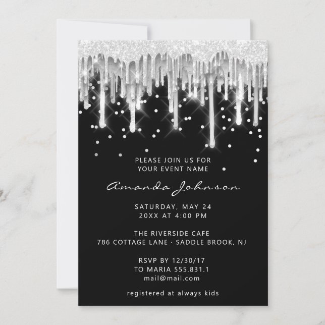 Drips Glitter Bridal Wedding Black Silver Gray Invitation (Front)