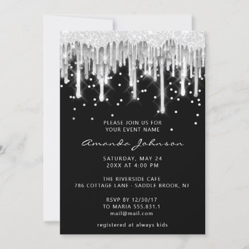 Drips Glitter Bridal Wedding Black Silver Gray Invitation