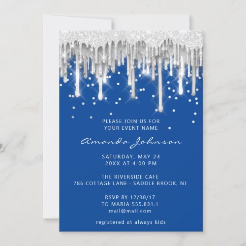 Drips Glitter Bridal Wedding Blue Navy Silver Gray Invitation