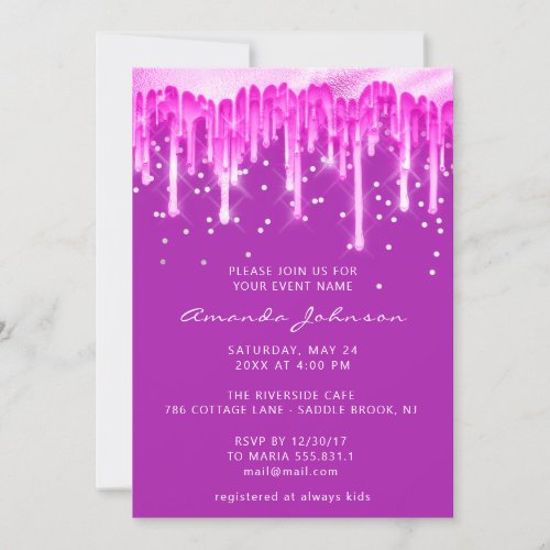 Drips Glitter Bridal Wedding Blue Pink Fuchsia Invitation