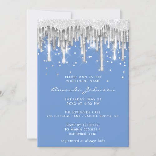 Drips Glitter Bridal Wedding Blue Silver Gray Invitation