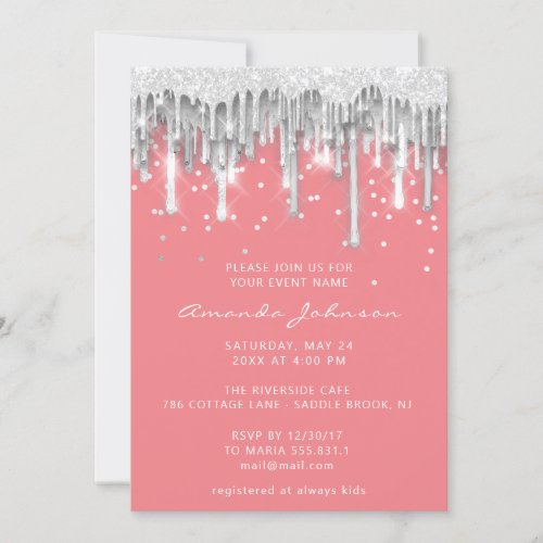 Drips Glitter Bridal Wedding Blush Silver Gray Invitation