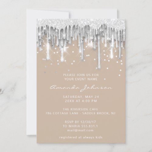 Drips Glitter Bridal Wedding Ivory Silver Gray Invitation