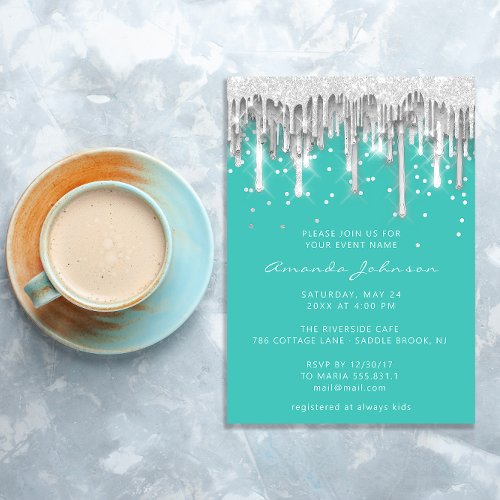 Drips Glitter Bridal Wedding Mint Silver Gray Invitation