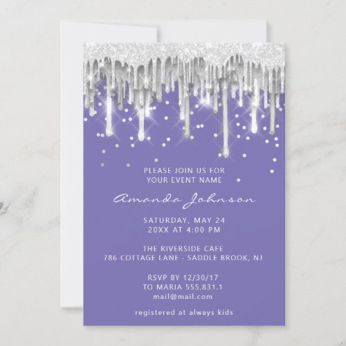 Drips Glitter Bridal Wedding Purple Silver Gray Invitation