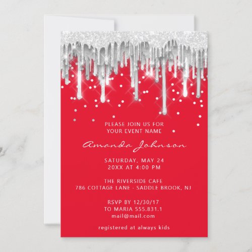 Drips Glitter Bridal Wedding Red Silver Gray Invitation