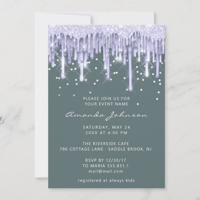 Drips Glitter Bridal Wedding Sweet 16 Purple Mint Invitation (Front)