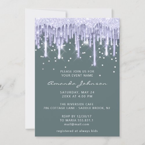 Drips Glitter Bridal Wedding Sweet 16 Purple Mint Invitation