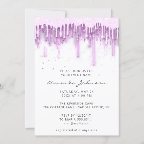 Drips Glitter Bridal Wedding White Purple  Invitation