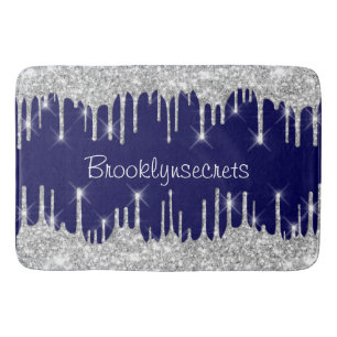 Drips Glitter Effect Blue Navy Courage Name Silver Bath Mat