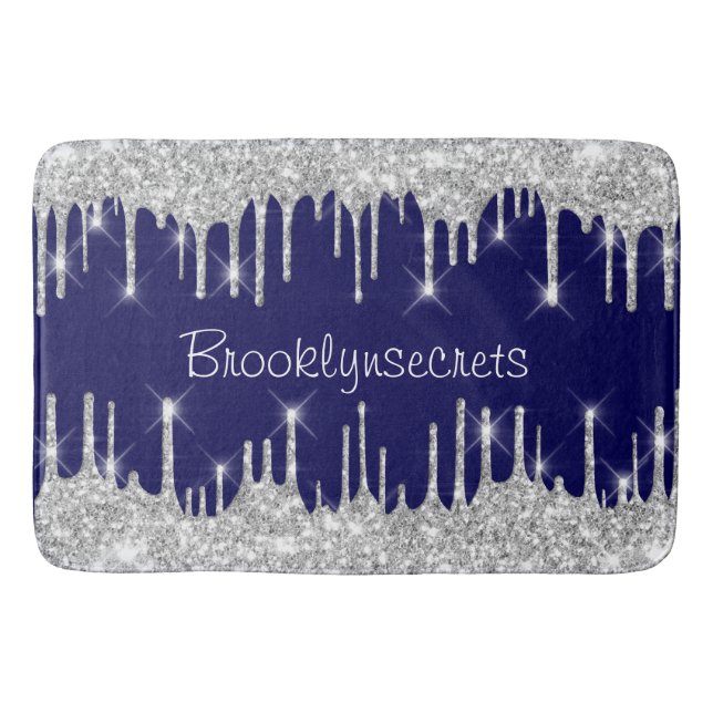 Drips Glitter Effect Blue Navy Courage Name Silver Bath Mat (Front)