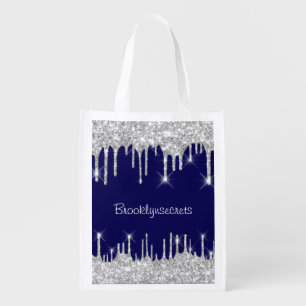Drips Glitter Effect Blue Navy Courage Name Silver Grocery Bag
