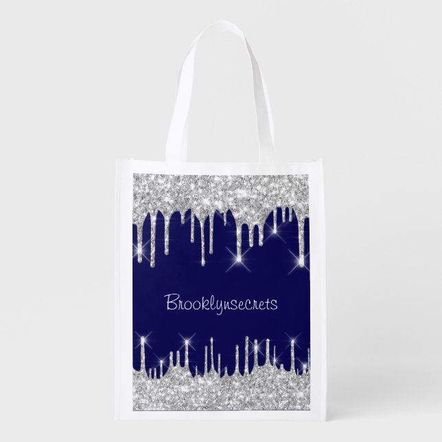 Drips Glitter Effect Blue Navy Courage Name Silver Grocery Bag (Front)