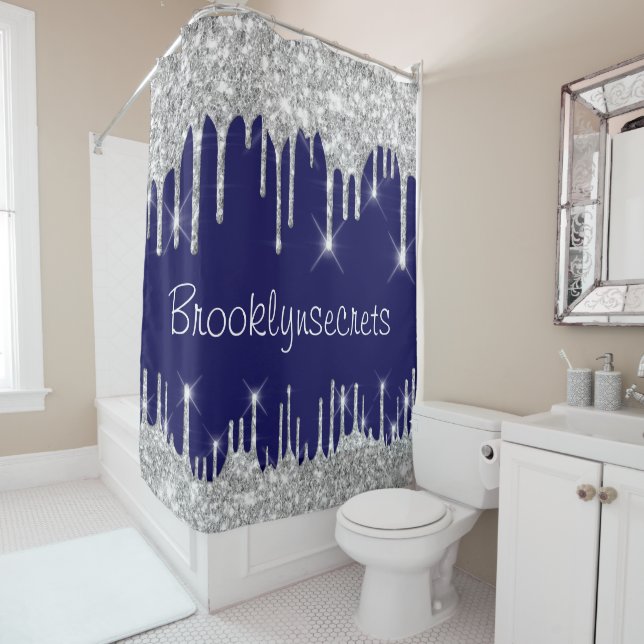 Drips Glitter Effect Blue Navy Silver Gray Name Shower Curtain (In Situ)