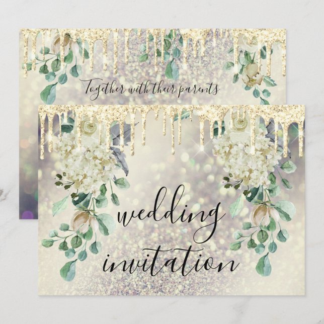 Drips Glitter Floral Mint Green Wedding Gold Invitation (Front/Back)