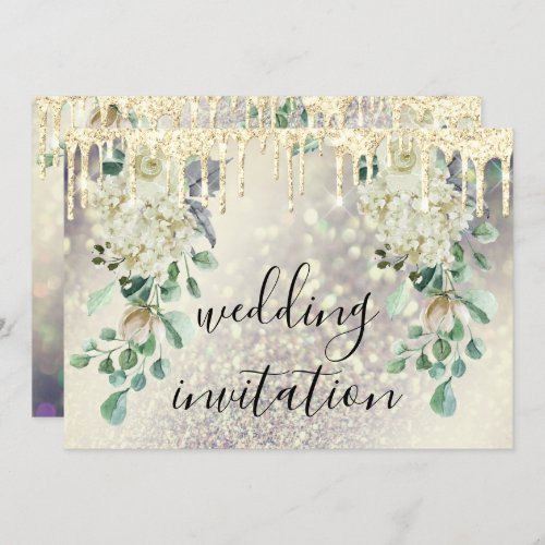 Drips Glitter Floral Mint Green Wedding Gold Invitation