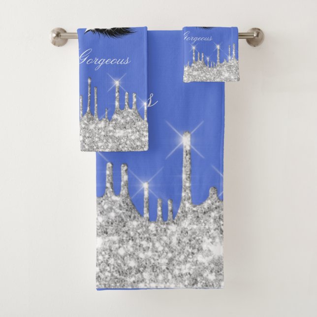 Drips Glitter Silver Blue Gray Eyelash Hello Bath Towel Set (Insitu)