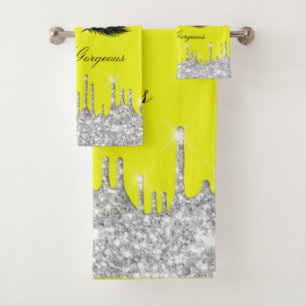 Drips Glitter Silver Yellow Lash Hello  Bath Ba Bath Towel Set