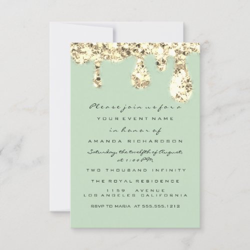  Drips Gold Glitter Bridal Sweet 16th Mint Green Invitation