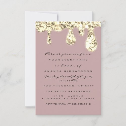  Drips Gold Glitter Bridal Sweet 16th Rose Invitation