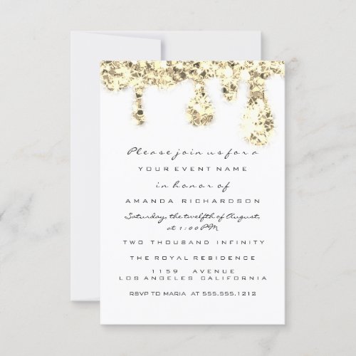 Drips Gold Glitter Bridal Sweet 16th White Invitation