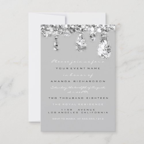  Drips Gray Grey Silver Glitter Bridal Sweet 16th Invitation