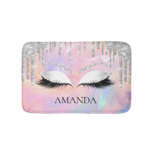 Drips Gray Name Eye Lashes Glitter Holographic Bath Mat