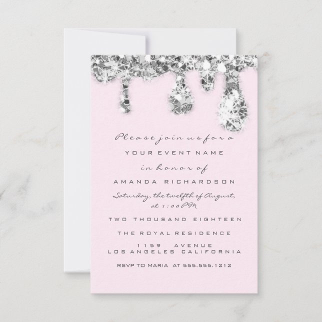  Drips Gray Pink Silver Glitter Bridal Sweet 16th Invitation (Front)