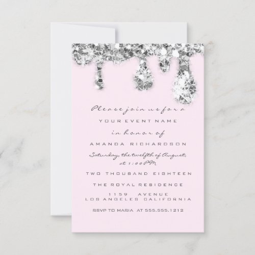  Drips Gray Pink Silver Glitter Bridal Sweet 16th Invitation