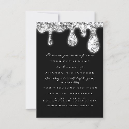  Drips Gray Silver Glitter Bridal Sweet 16th Invitation