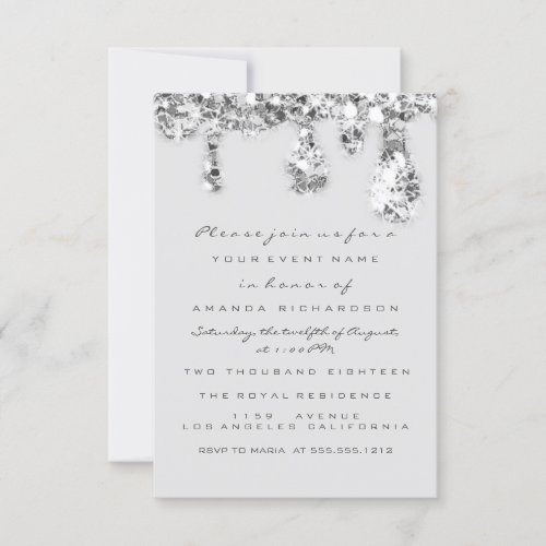  Drips Gray White Silver Glitter Bridal Sweet 16th Invitation