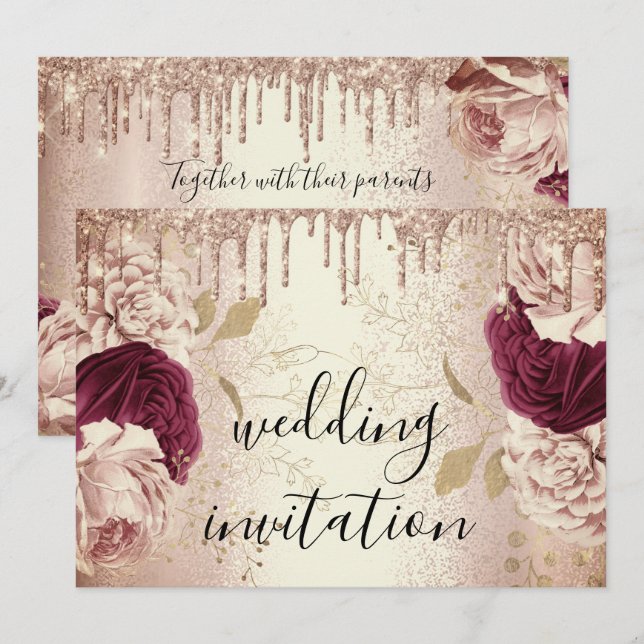 Drips Marsala Wedding Rose Gold Roses Burgundy Invitation (Front/Back)