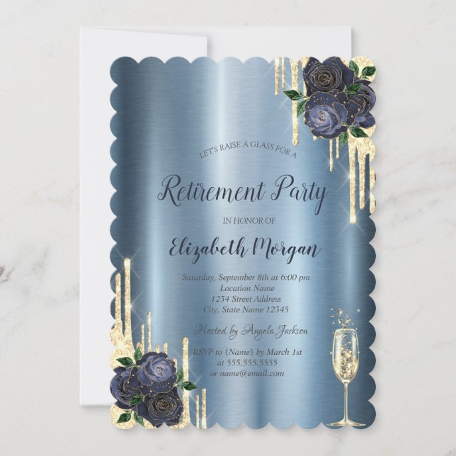 Drips,Navy Blue Roses Metallic Retirement   Invitation (Front)