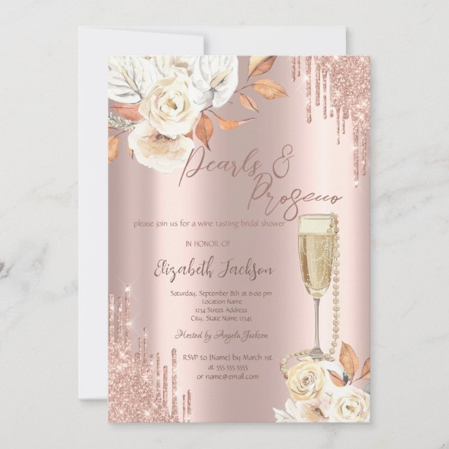 Drips Pearls Prosecco Boho Roses Bridal Shower  Invitation (Front)