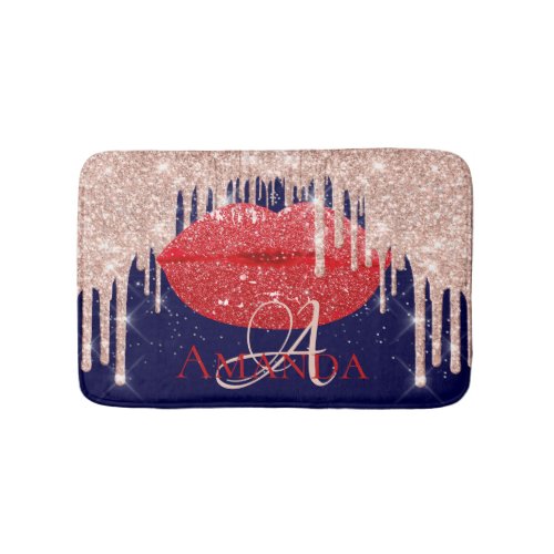 Drips Red Rose Kiss Glitter Name Monogram Navy Bath Mat