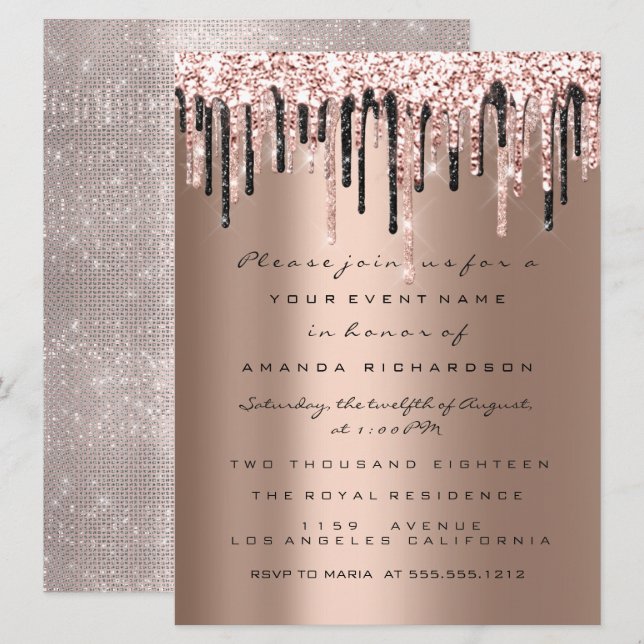 Drips Rose Birthday Bridal Shower Sweet 16 Classy Invitation (Front/Back)